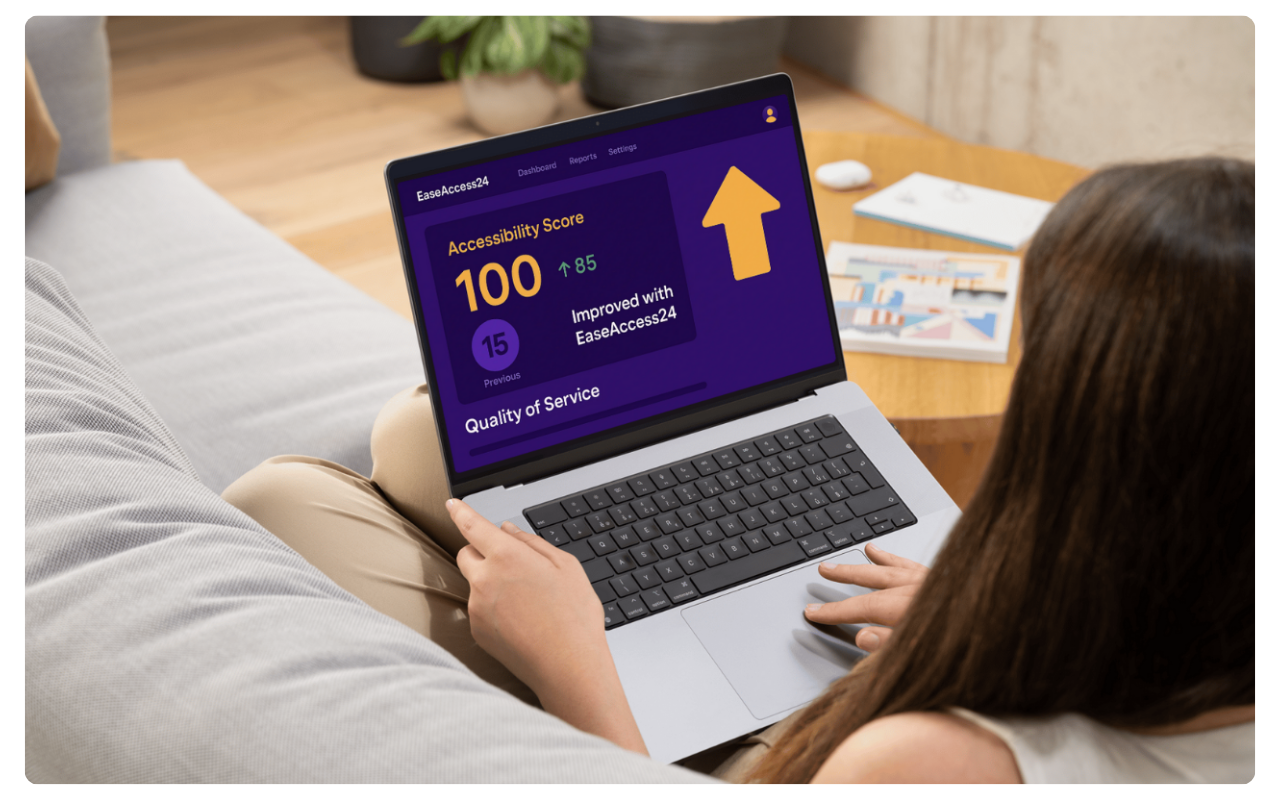 EaseAccess24 dashboard showing improved accessibility score from 15 to 100.