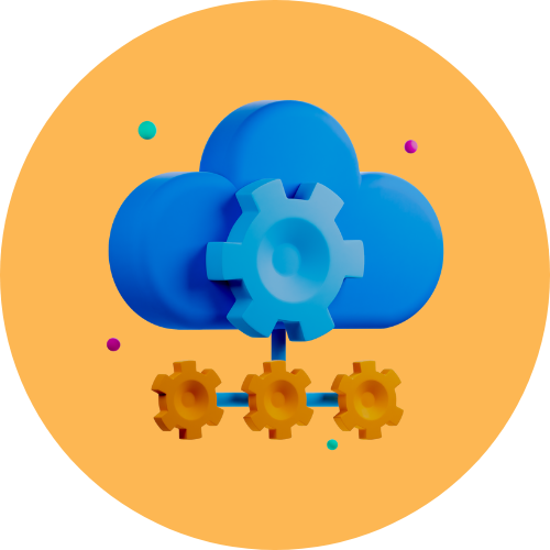3D illustration of a cloud with interconnected gears, representing cloud-based system integration and automation.