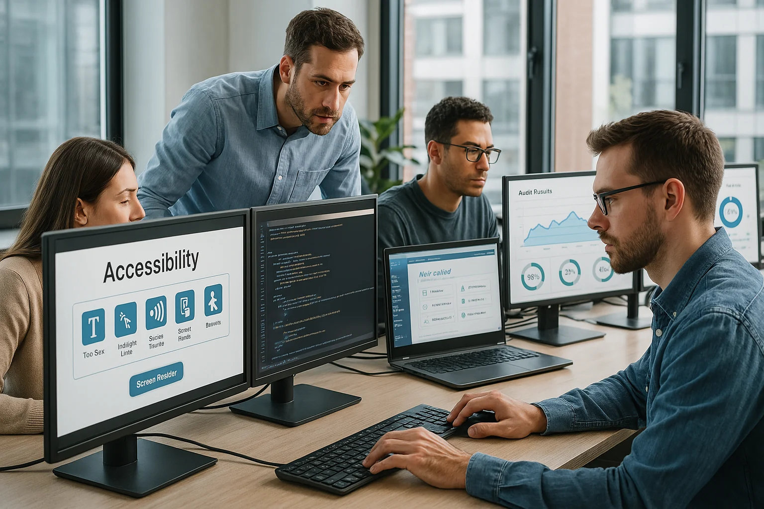 Team of professionals collaborating at desks, analyzing accessibility data and audit results on multiple computer screens.