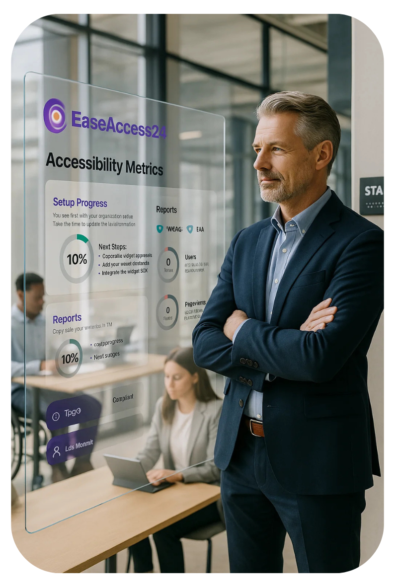 Professional man standing confidently next to a transparent digital screen displaying EaseAccess24 accessibility metrics and progress