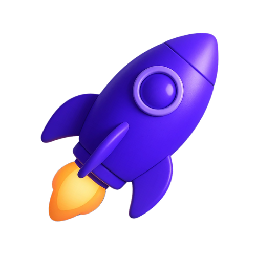 3D illustration of a vibrant purple rocket taking off, symbolizing rapid growth and innovation