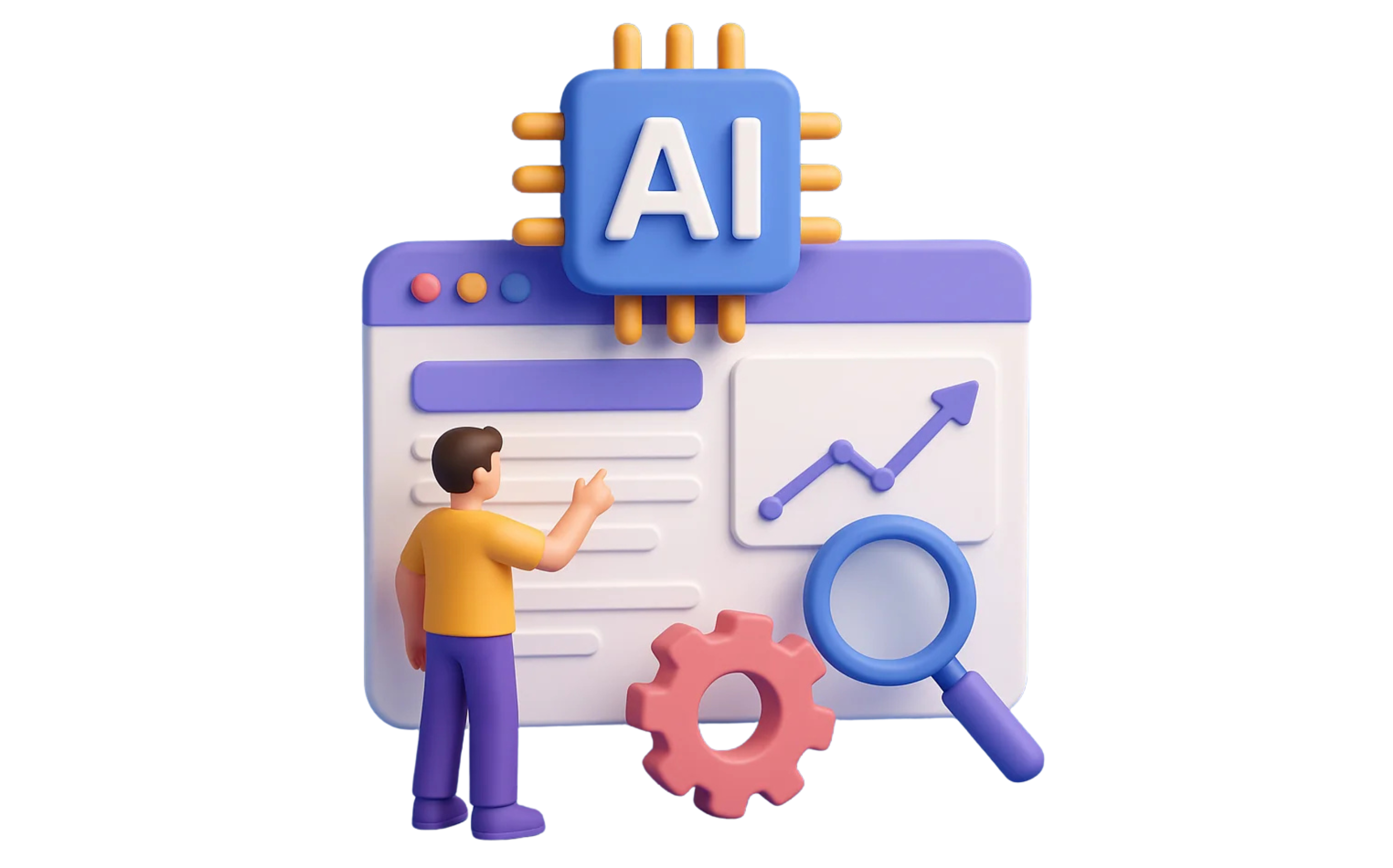 3D illustration of a person interacting with a webpage dashboard featuring AI integration, analytics charts, and a magnifying glass for detailed inspection.