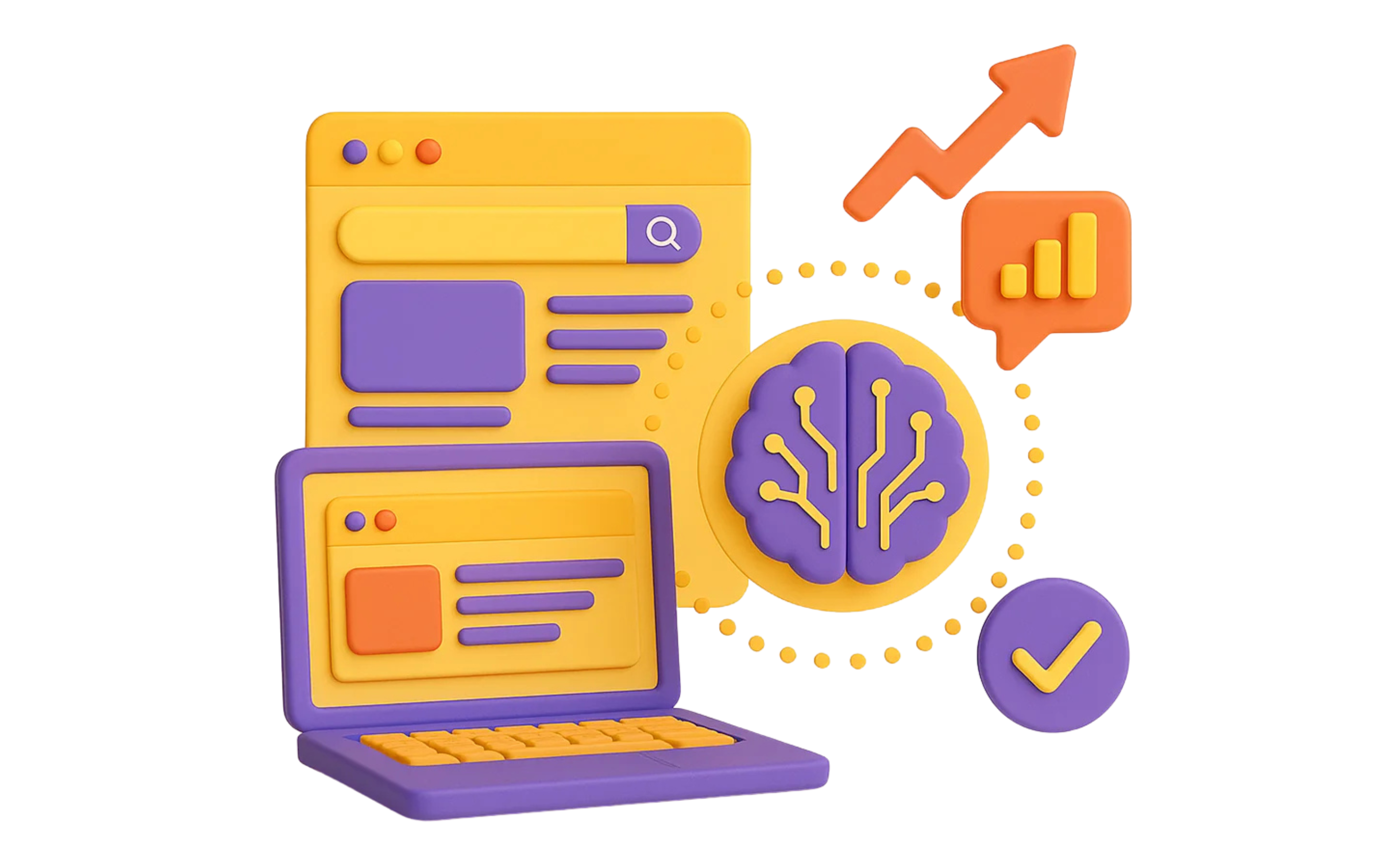 3D illustration showcasing digital content optimization, with vibrant icons representing analytics, brain (AI), laptop, and performance growth indicators.