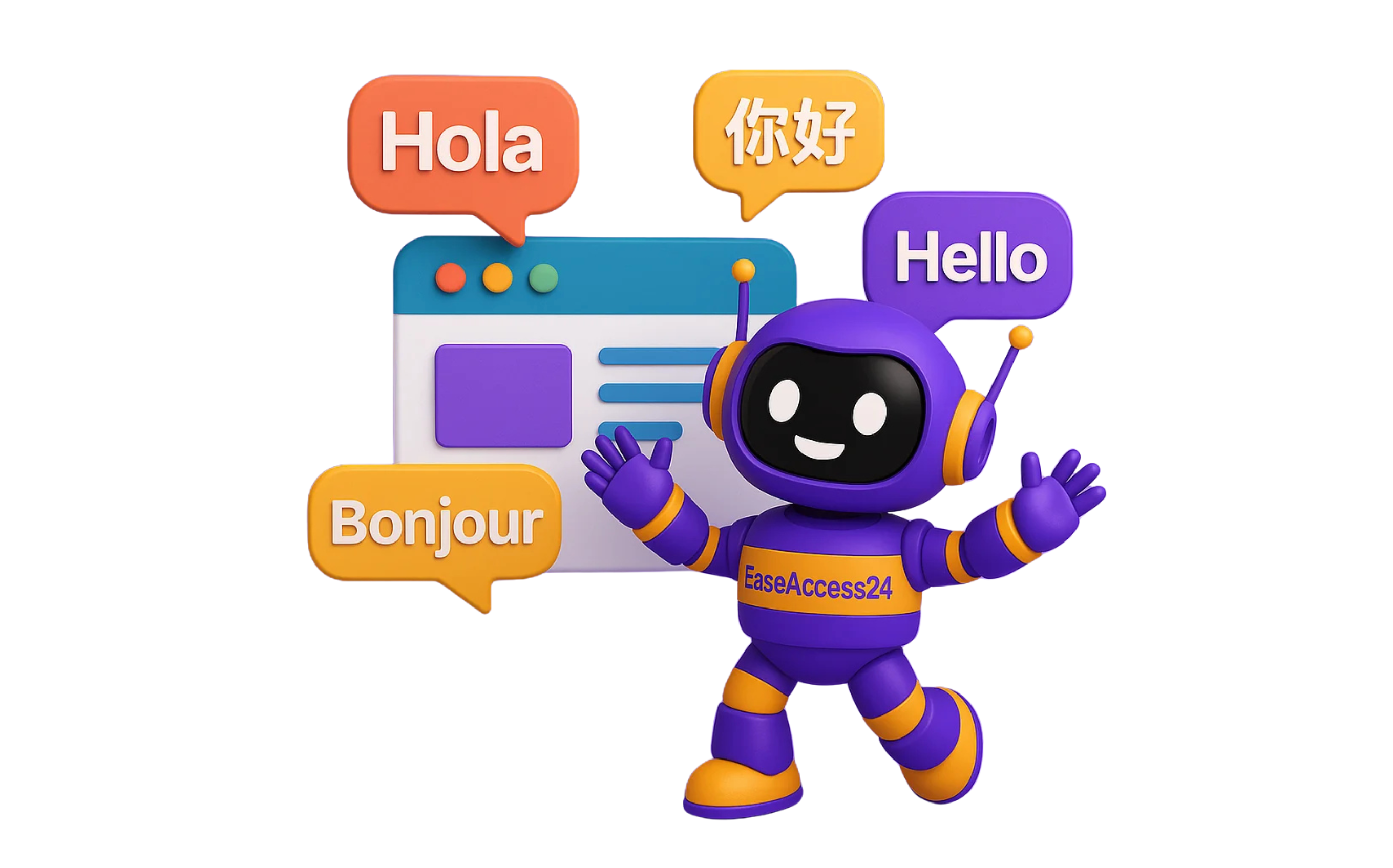 3D illustration of EaseAccess24 chatbot character surrounded by multilingual speech bubbles, emphasizing global translation and localization.