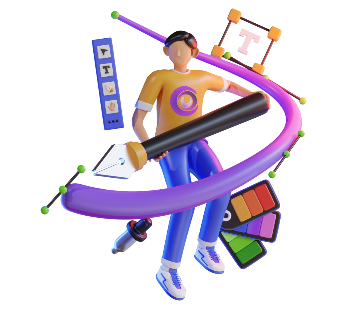 A colorful 3D illustration of a digital designer in mid-air surrounded by graphic design tools and UI elements. The character, wearing a yellow shirt with a circular logo and blue pants, is holding a large vector pen tool. Around them are curved Bézier paths with green anchor points, a floating UI panel displaying text and image tools, a font selection frame with the letter “T,” and a color palette swatch. The background is minimalistic, emphasizing motion and creativity in a digital workspace.