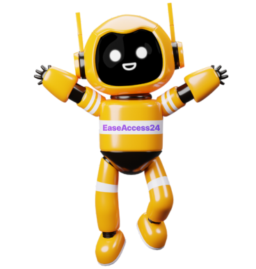 A cheerful 3D robot mascot in a vibrant yellow-and-black design, energetically leaping into the air with both arms raised and legs bent, conveying excitement and positivity. The robot wears the “EaseAccess24” label across its chest and has antennae on its head, giving it a futuristic, approachable appearance. The pose suggests celebration, user success, or an enthusiastic welcome to the accessibility platform.