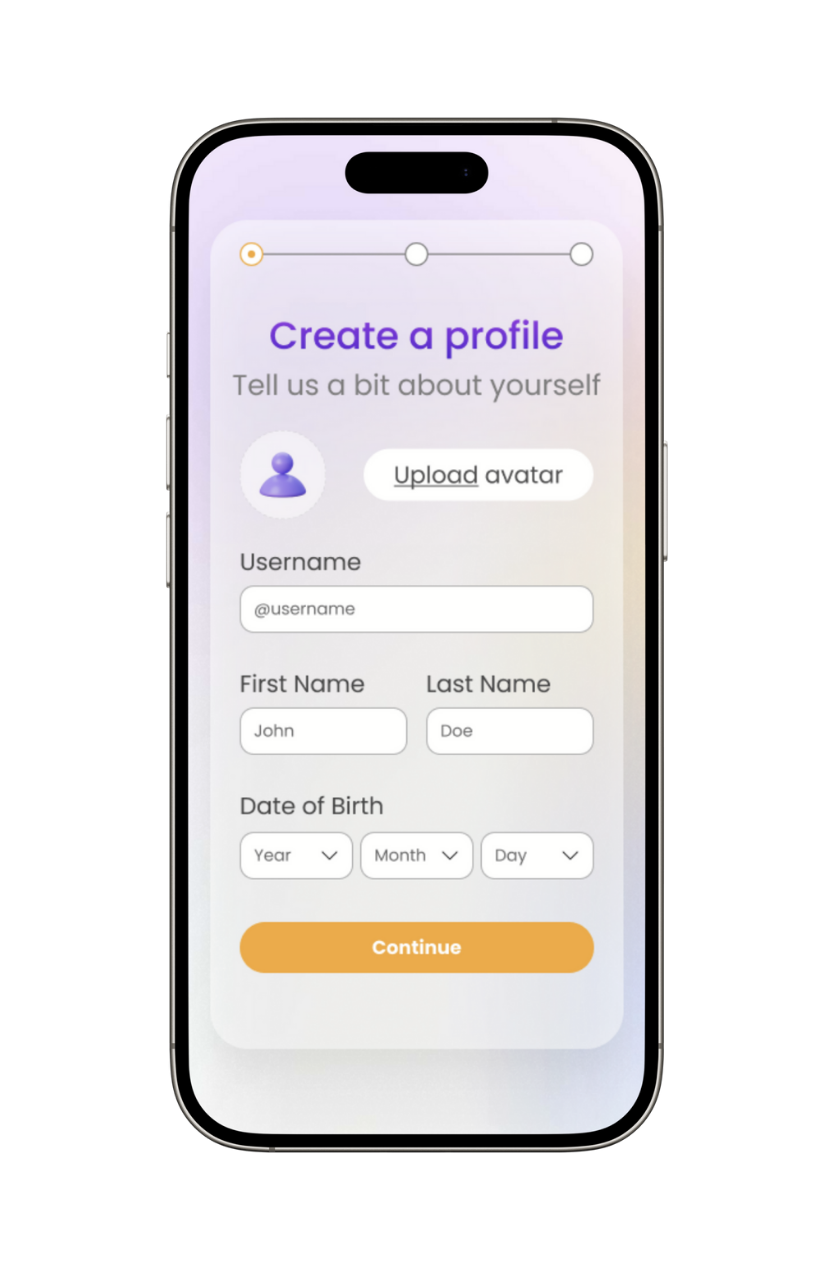 Create profile page shown on a phone