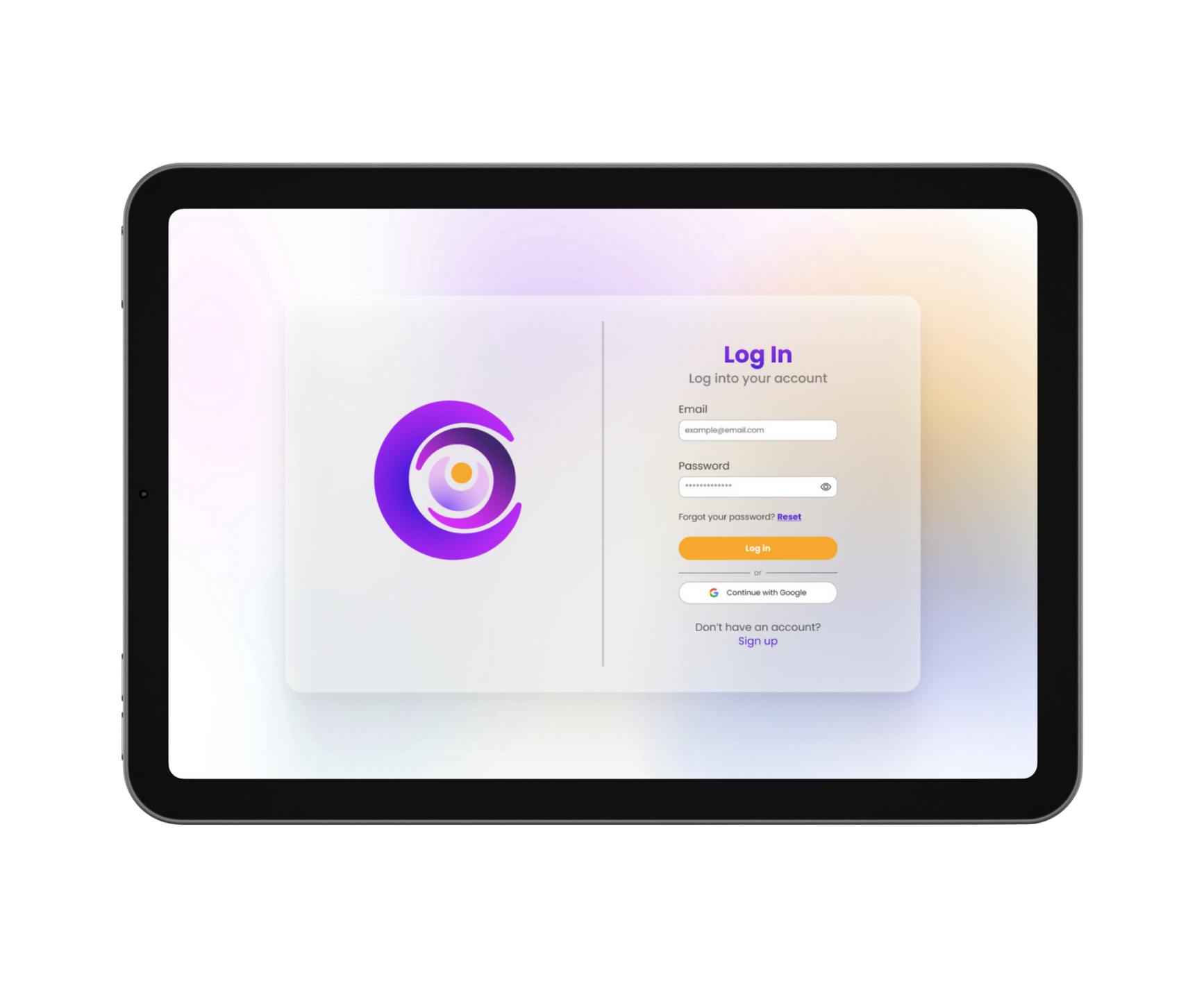 Log In page shown on an Ipad