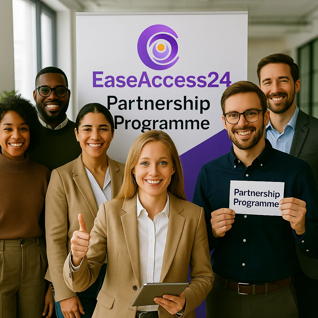 Diverse group of professionals smiling in front of an EaseAccess24 Partnership Programme banner, with one person holding a sign and another giving a thumbs up.