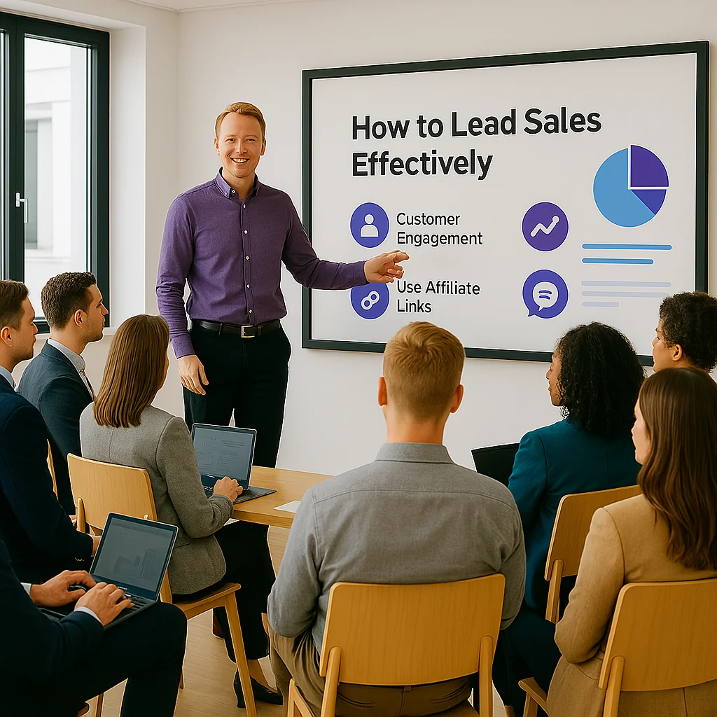 Presenter leading a workshop on sales strategy to a group of professionals, pointing to a screen titled 'How to Lead Sales Effectively.