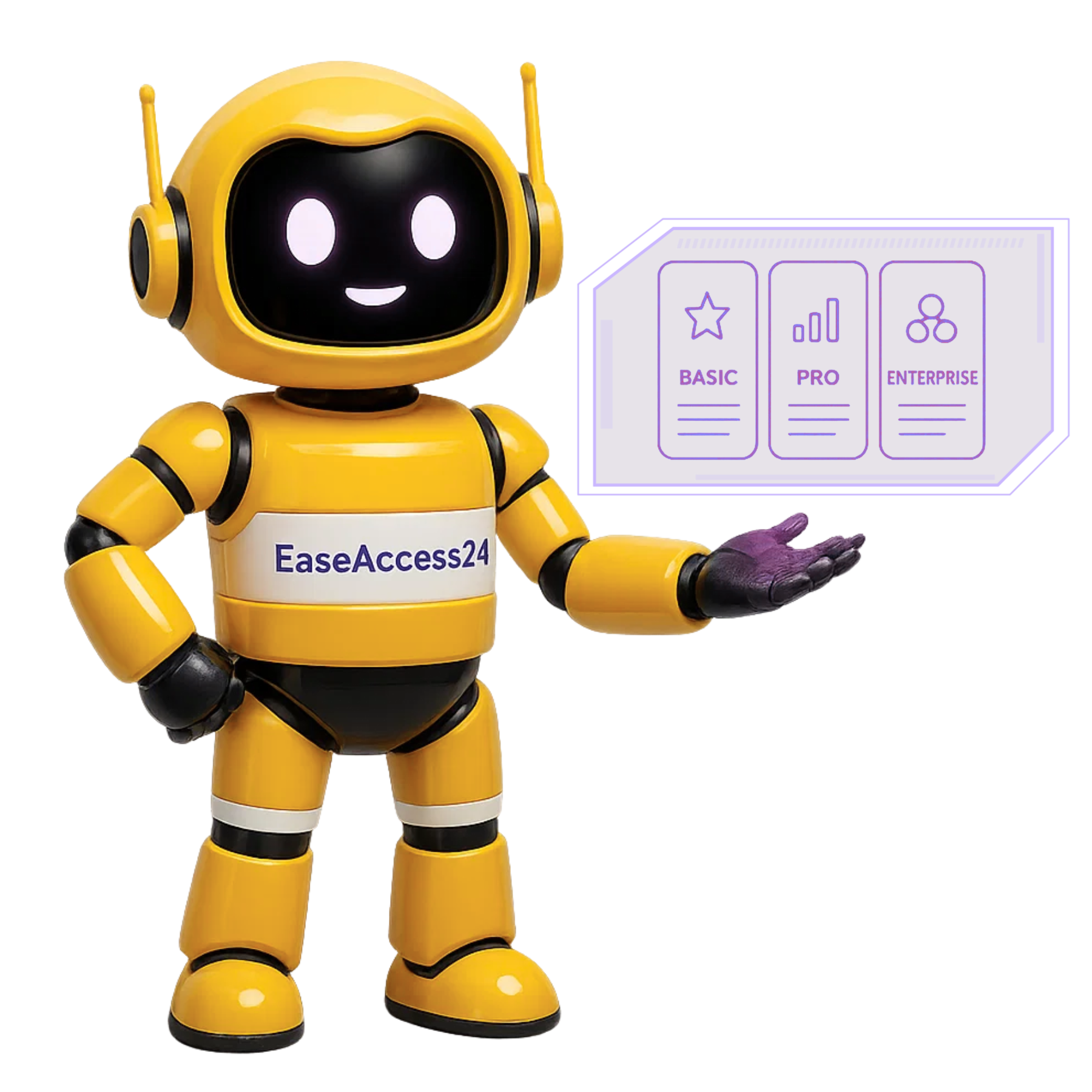 A friendly, humanoid 3D robot mascot branded with “EaseAccess24” on its chest, standing confidently and pointing toward a holographic digital interface. The robot is primarily yellow with black joints and facial features, designed to look approachable and tech-savvy. The hovering hologram behind the robot displays three pricing tiers—Basic, Pro, and Enterprise—represented as digital cards with icons and structured layouts. The scene is clean, with a gradient background suggesting a high-tech and modern user experience tailored for accessibility services.