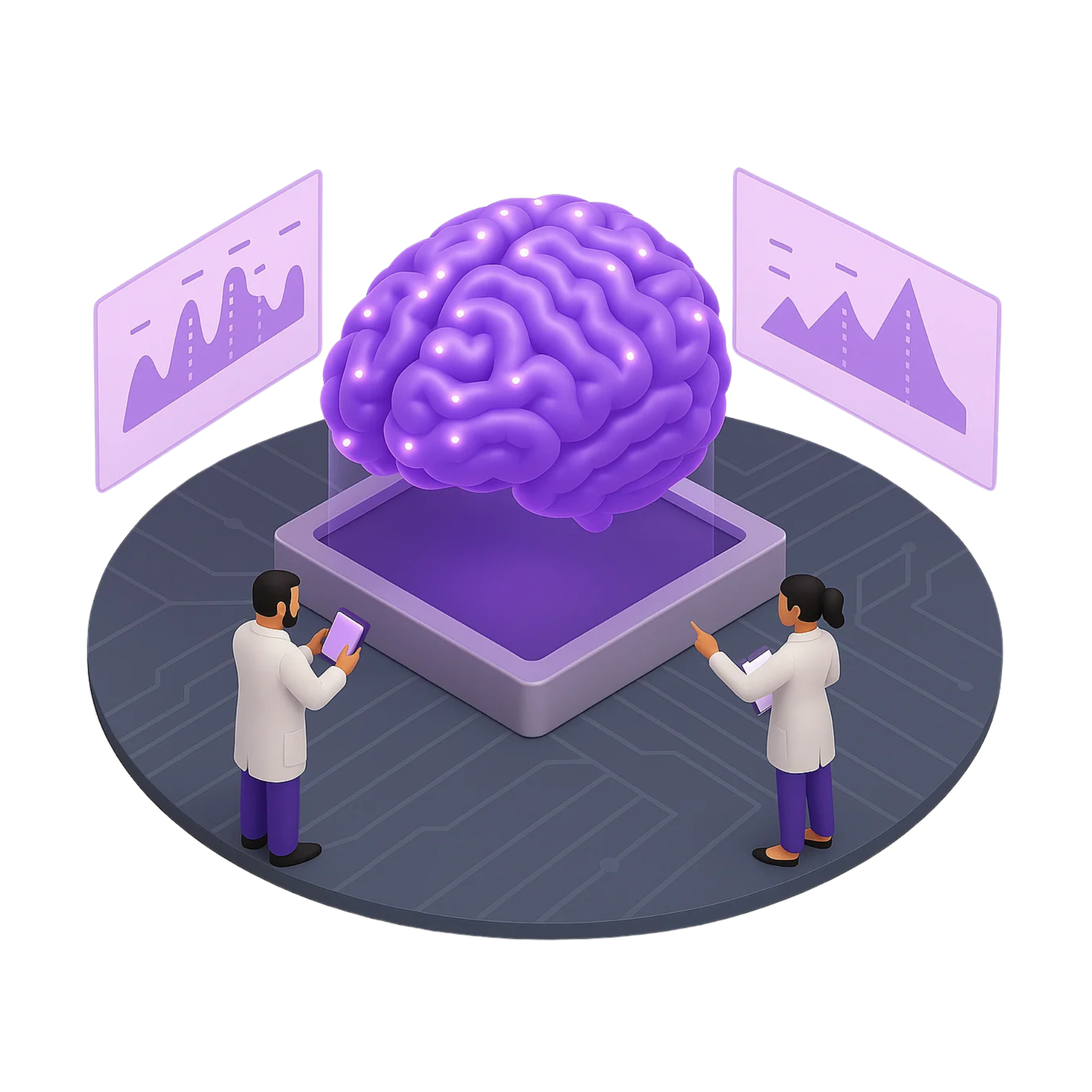 3D illustration of a glowing purple brain surrounded by digital scientists in lab coats examining interactive data charts, symbolizing artificial intelligence and data analytics.