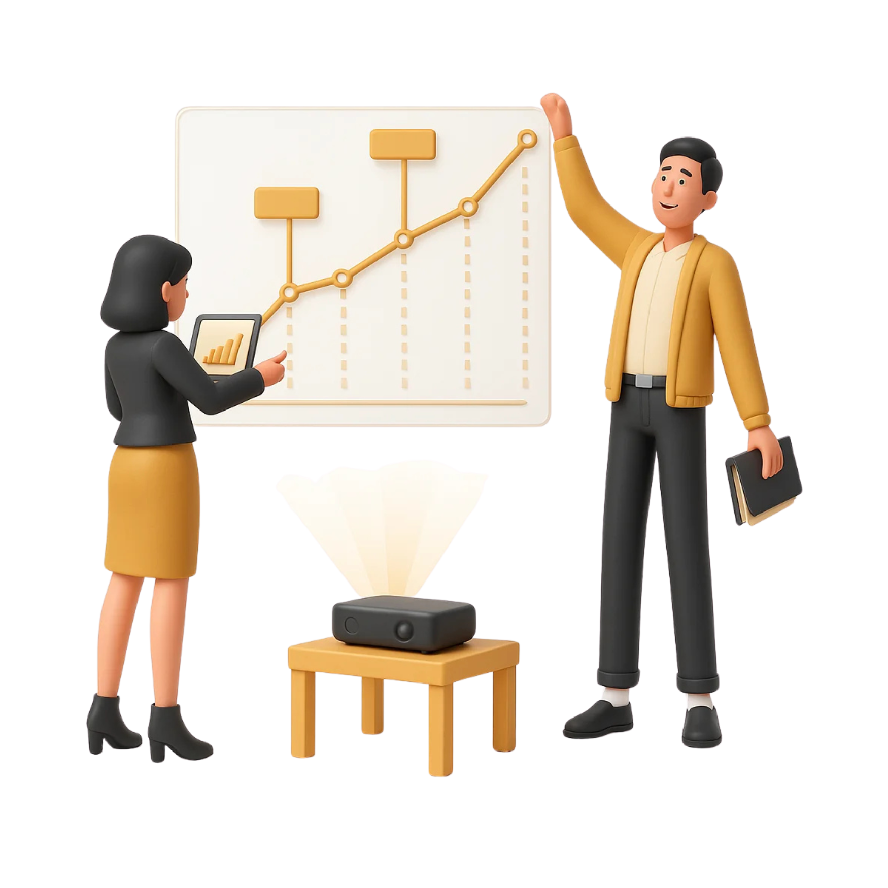 A professional 3D scene featuring a woman and a man engaging in a data-driven business presentation. The woman, dressed in a black top and mustard skirt with heels, holds a tablet displaying a bar graph. She is attentively looking at a large transparent projection screen displaying a line chart with connected nodes and rectangular labels, indicating growth and milestones. The man, wearing a mustard jacket over a white shirt with black trousers, holds a notebook and gestures confidently toward the upward trend. A small projector on a wooden table beams the chart onto the screen, symbolizing teamwork and performance analytics.