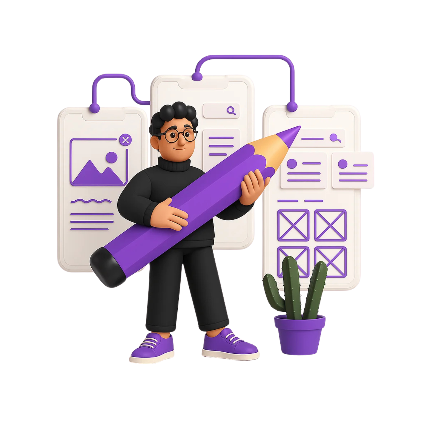 3D illustration of a designer character holding a giant purple pencil, standing in front of mobile UI wireframes with icons and flow arrows, next to a potted cactus, representing app design and user experience creation.