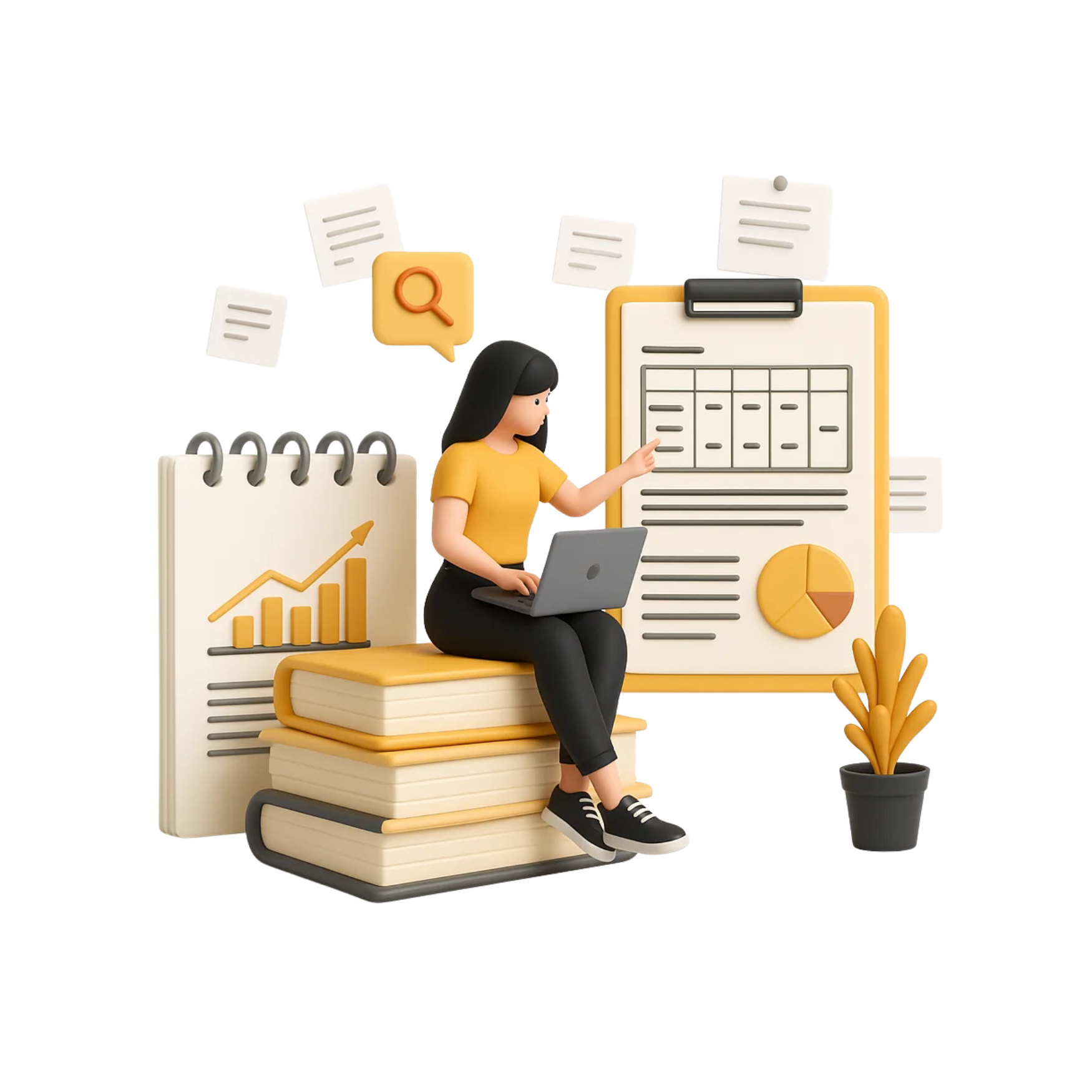 3D illustration of a woman sitting on stacked books, using a laptop and pointing toward a large clipboard with charts and a pie graph. Surrounded by floating documents, a bar chart notepad, a magnifying glass icon, and a potted plant, symbolizing research, data analysis, and knowledge.