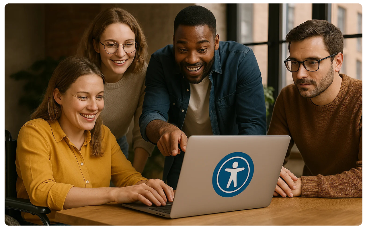 Diverse team collaborating around a laptop with an accessibility icon sticker.