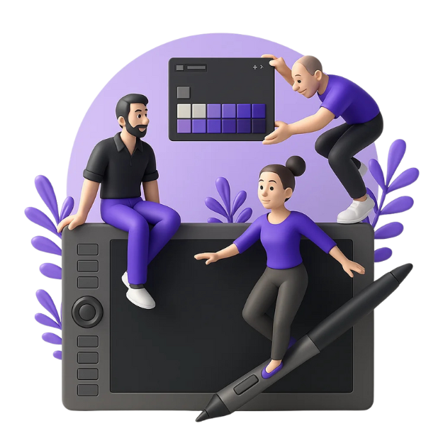 Illustration of designers collaborating on color palettes, symbolizing color contrast accessibility tools