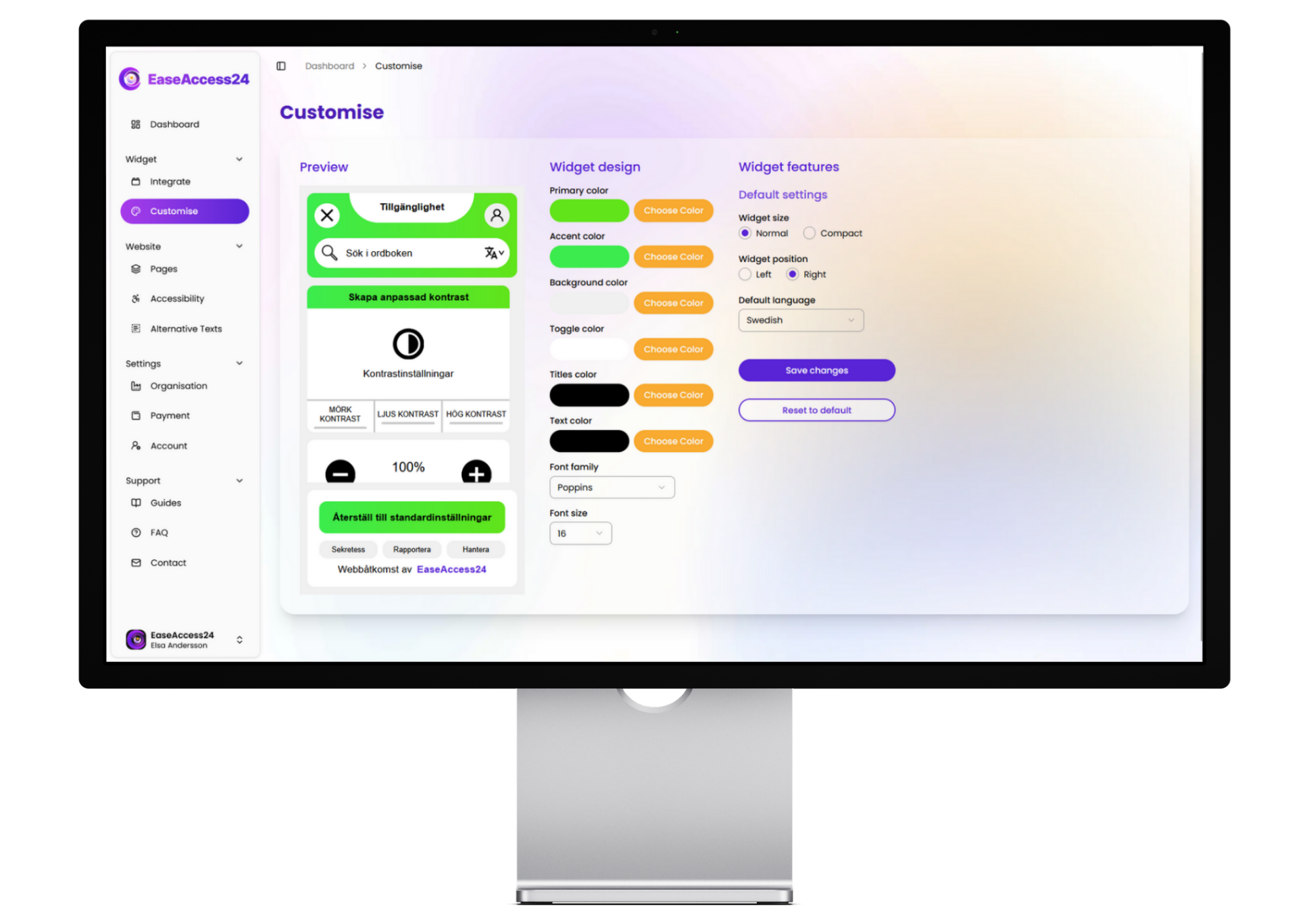 EaseAccess24 dashboard showing the widget customization panel, including settings for colors, font, language, widget position, and accessibility preview.