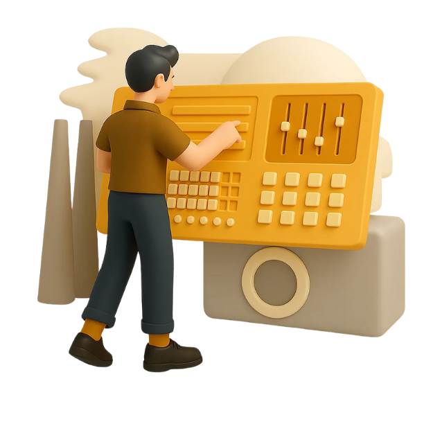 3D illustration of a person standing in front of a large yellow industrial-style control panel with sliders, buttons, and dials. The person is interacting with the controls, symbolizing system management, automation, or industrial operations.