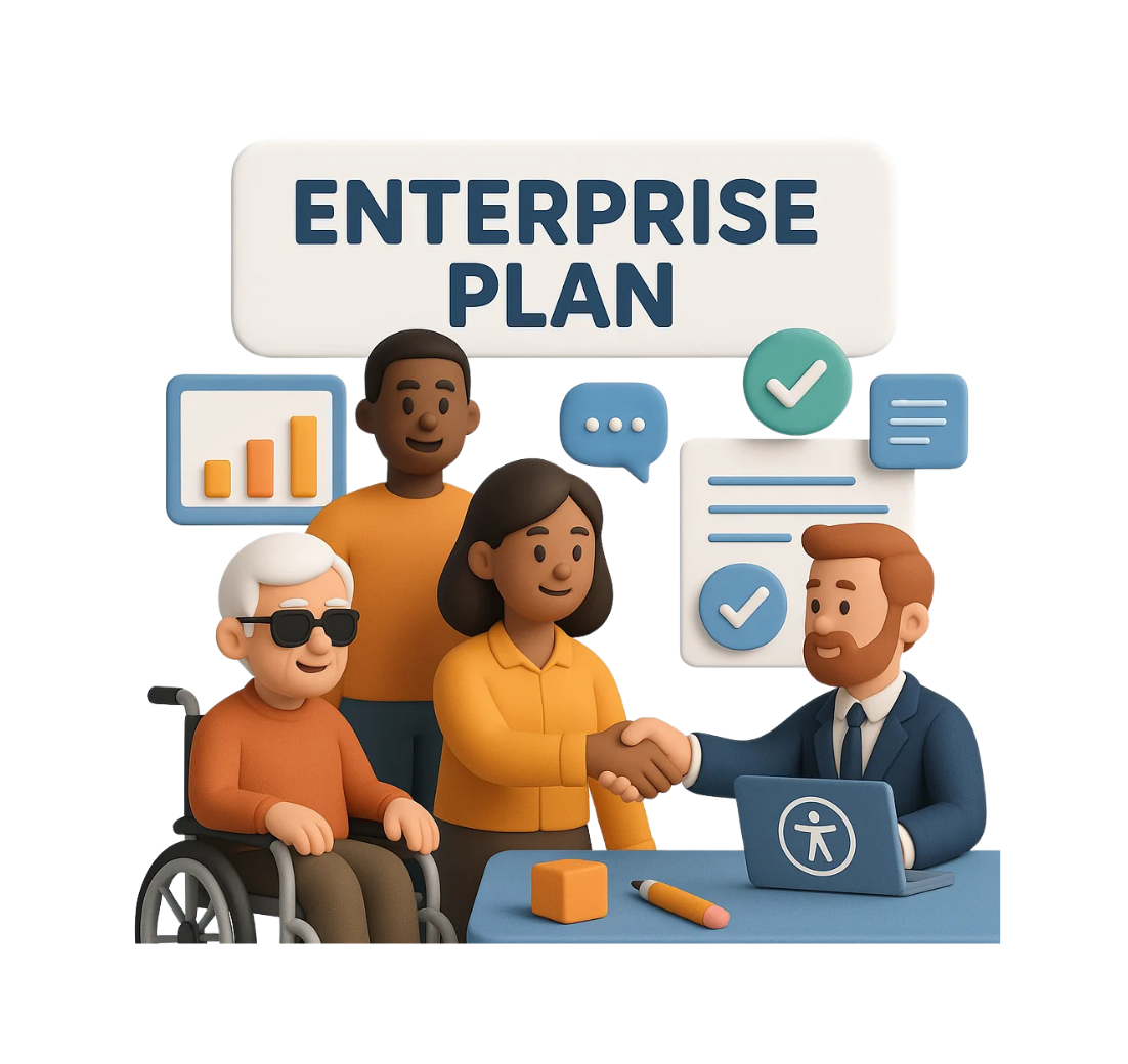 A 3D illustration showing a diverse group of people, including a woman shaking hands with a suited man at a desk labeled with an accessibility icon. Around them are icons of checklists, charts, and chat bubbles. A blind elderly man in sunglasses and a person with dark skin stand nearby, emphasizing inclusion. The top reads "Enterprise Plan"