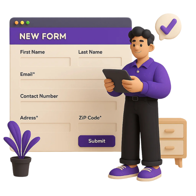 Illustration of accessible form fields with labels and input cues for cognitive and motor support