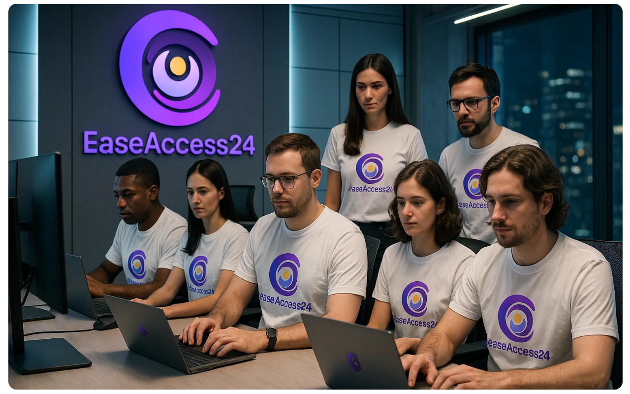 EaseAccess24 team focused at work, wearing branded t-shirts in a modern office.