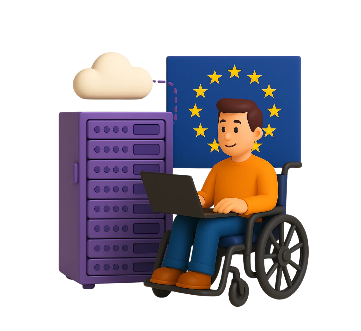 A 3D illustration of a man in a wheelchair working on a laptop next to a purple server stack. A cloud icon is connected to the servers, and a large EU flag is displayed in the background, indicating GDPR-compliant data hosting. The image represents accessibility in secure cloud infrastructure