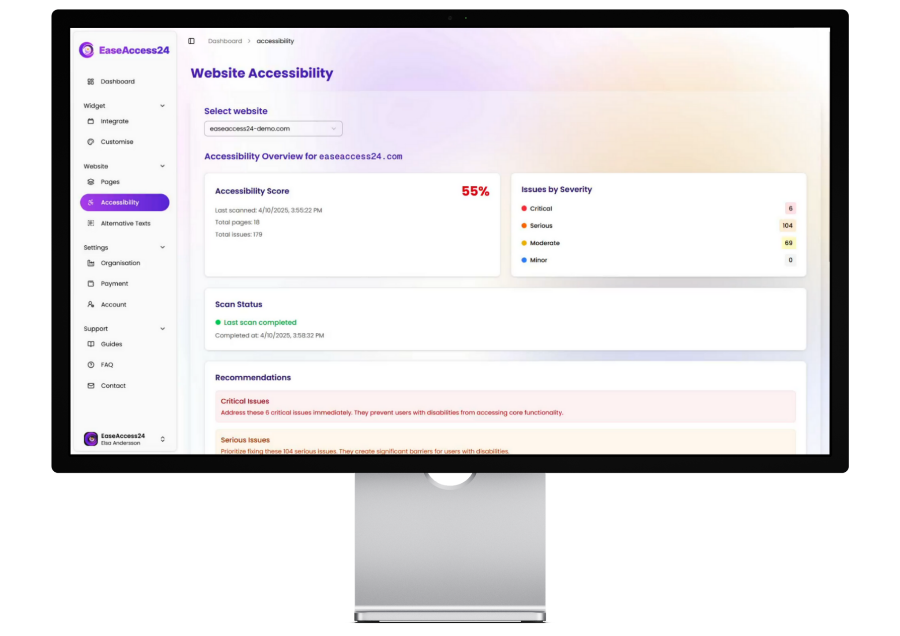 EaseAccess24 dashboard accessibility scan report with an accessibility score, issue severity breakdown, and prioritized recommendations.