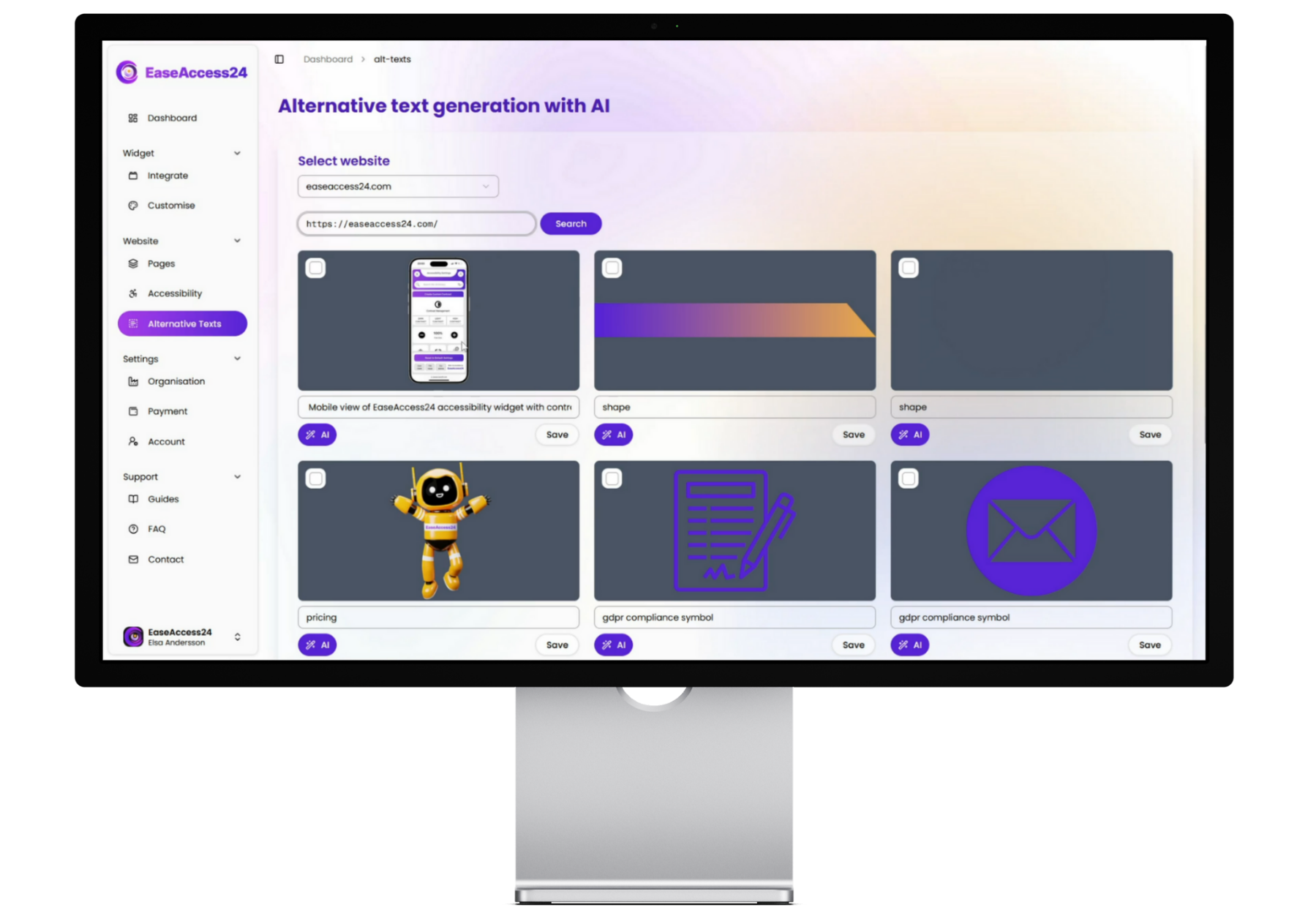 EaseAccess24 dashboard section for AI-generated alternative text showing images with editable labels and save options.