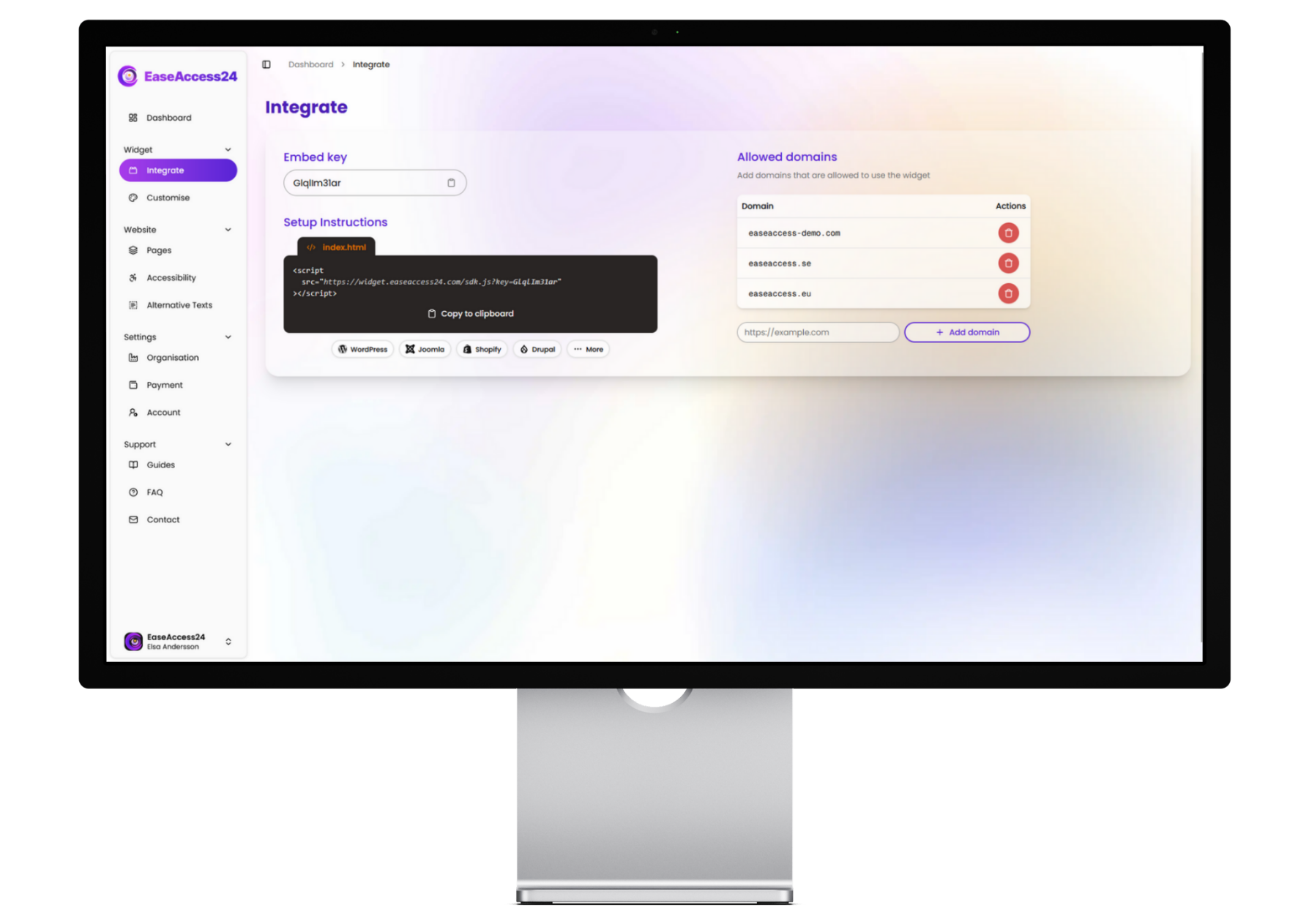 EaseAccess24 integration panel displaying embed script, allowed domains, and platform-specific setup buttons for WordPress, Joomla, and more.