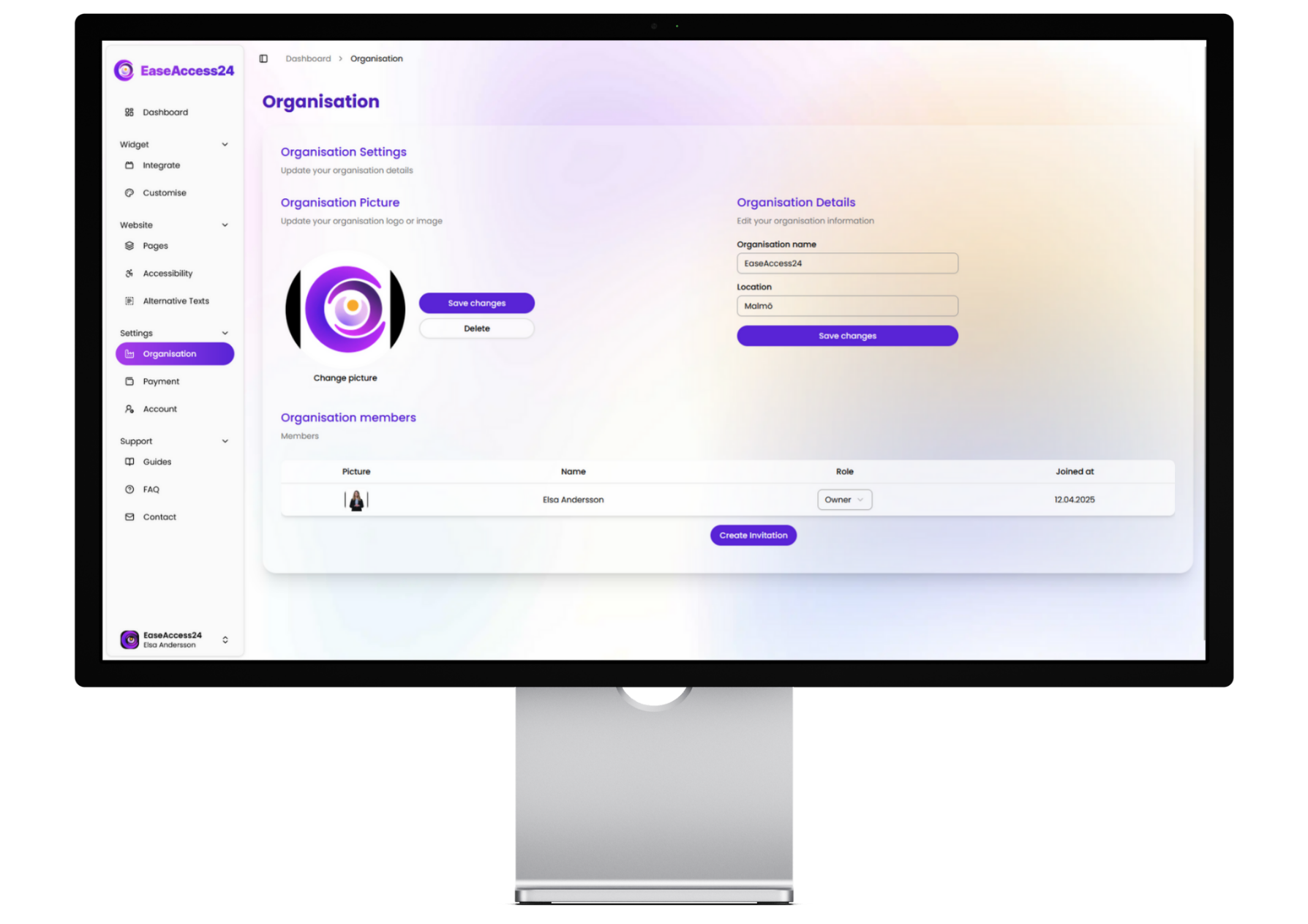 Edit your organisation details, manage members and roles, update logos, and send invitations from a centralized settings panel.