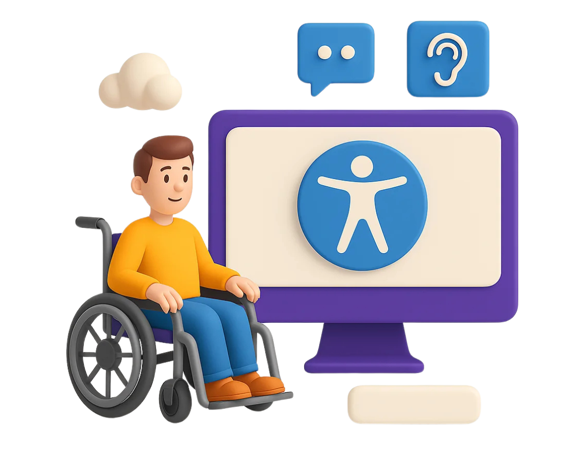 3D illustration of a person in a wheelchair beside a computer screen displaying accessibility symbols for hearing, speech, and universal access
