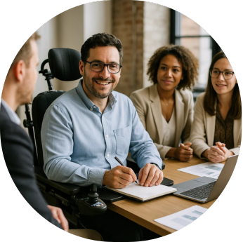 Smiling professional in a wheelchair taking notes during a business meeting, with colleagues seated around a table