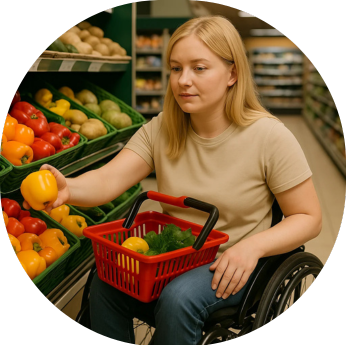 Young woman in a wheelchair selecting fresh produce from shelves in a grocery store