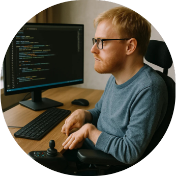 Person with a disability sitting at a desk and working on software development, reviewing programming code on a computer screen.